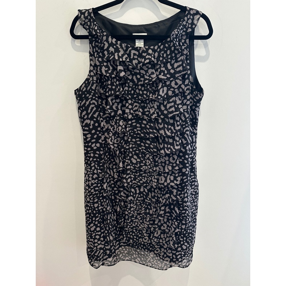 Andre Oliver Womens Grey Black Animal Print Ruffle Front Sleeveless Dress sz 16